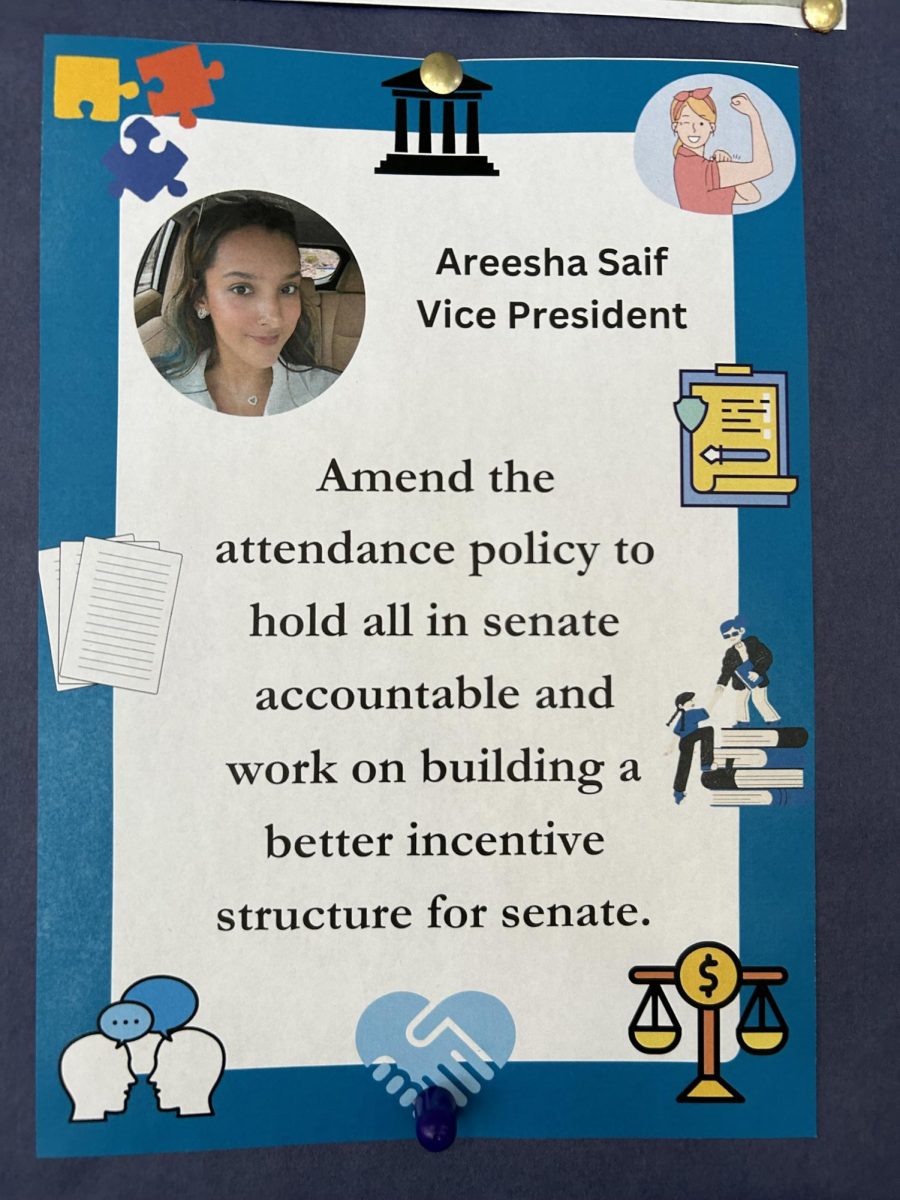 Areesha Saifs profile on the Student Senate Bulletin Board in Seymour Union