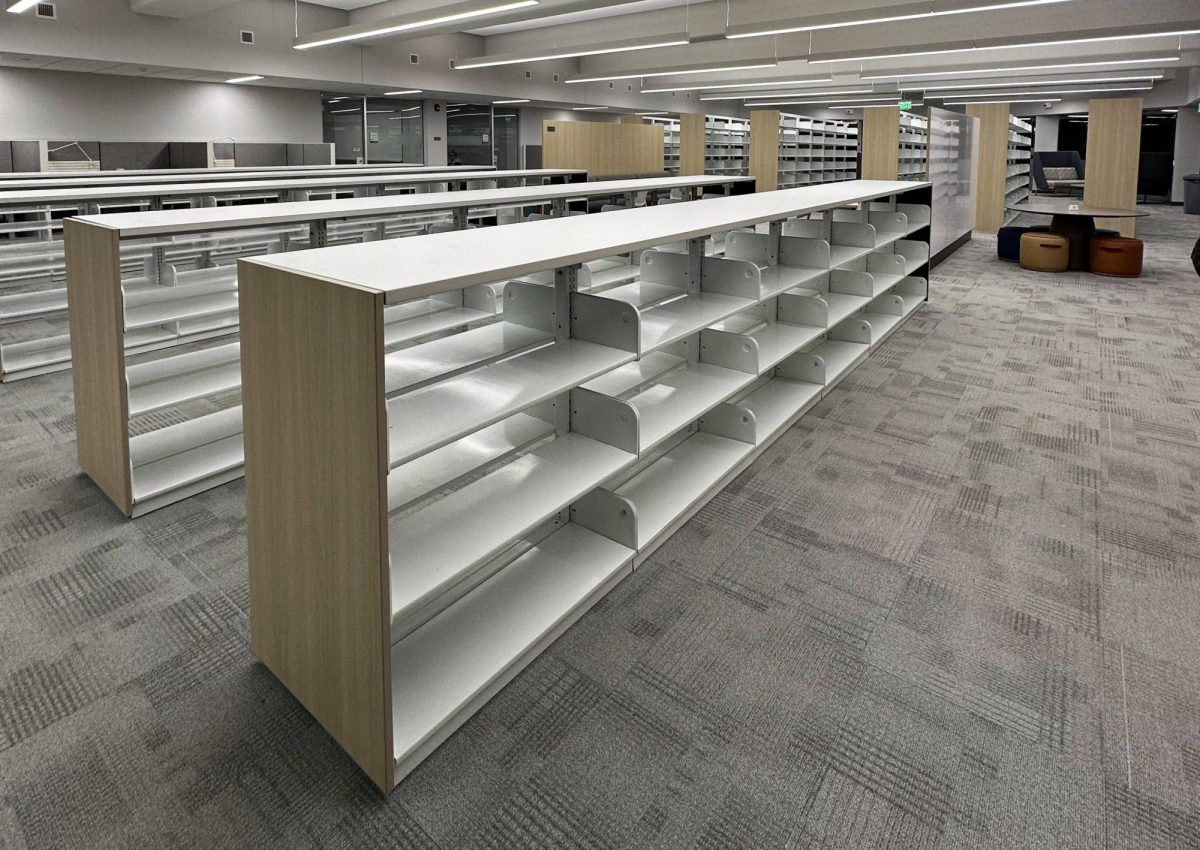 Empty bookshelves at the former SMC Library