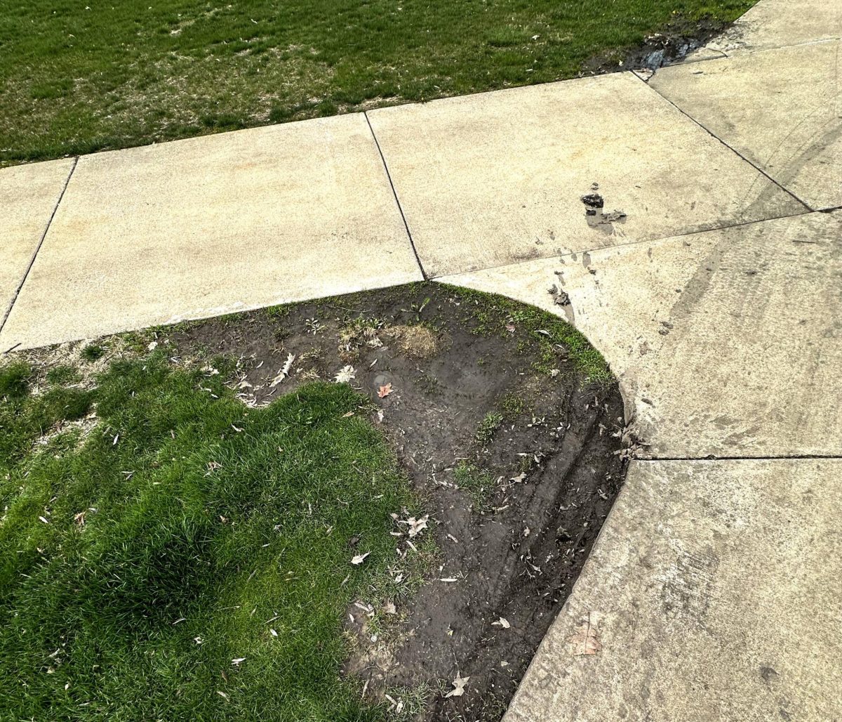 The sidewalk intersection outside Beta House, covered in mud