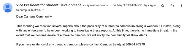Screenshot of the email students received about the threat. 