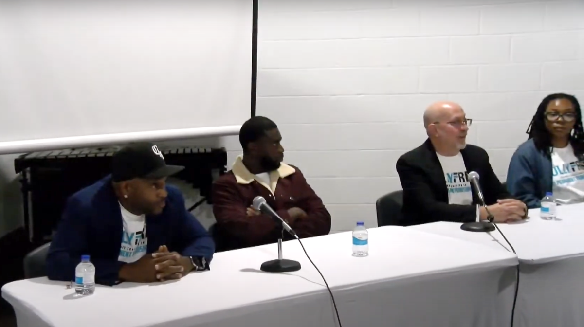 Screenshot from YouTube video streaming the event (photo credit: Tri States Public Radio) - left to right: Terrence Simpkins, King Moosa, Paul Rothschild, Shimere Love