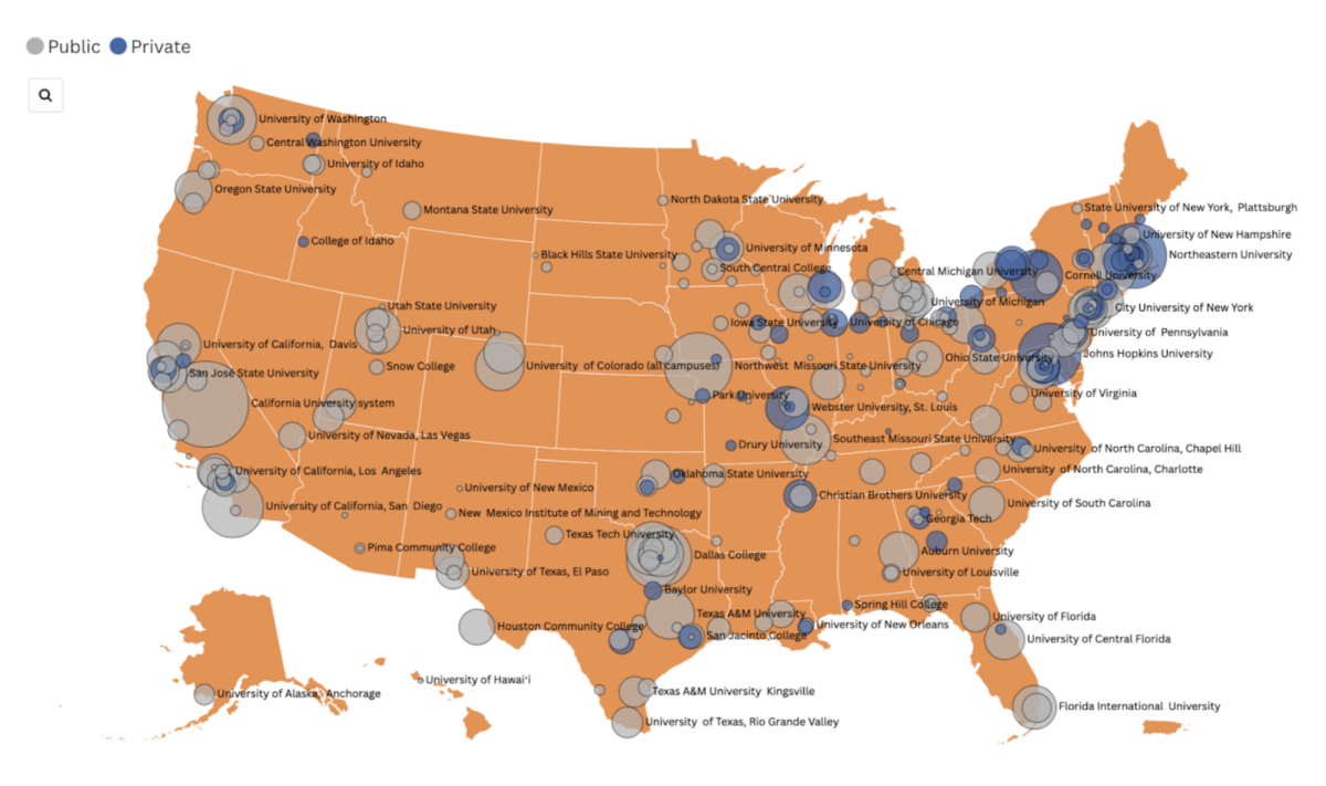 International students visas revoked map. Source: https://www.insidehighered.com/news/global/international-students-us/2025/04/07/where-students-have-had-their-visas-revoked