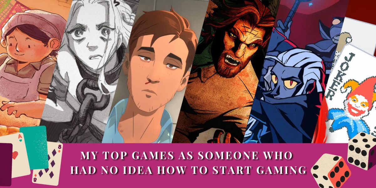 Graphic by Lily Solorio, Images are screenshots from the following games: Dispatch, Pancito Merge, Slay the Princess, Wolf Among Us, Absolum, and Balatro